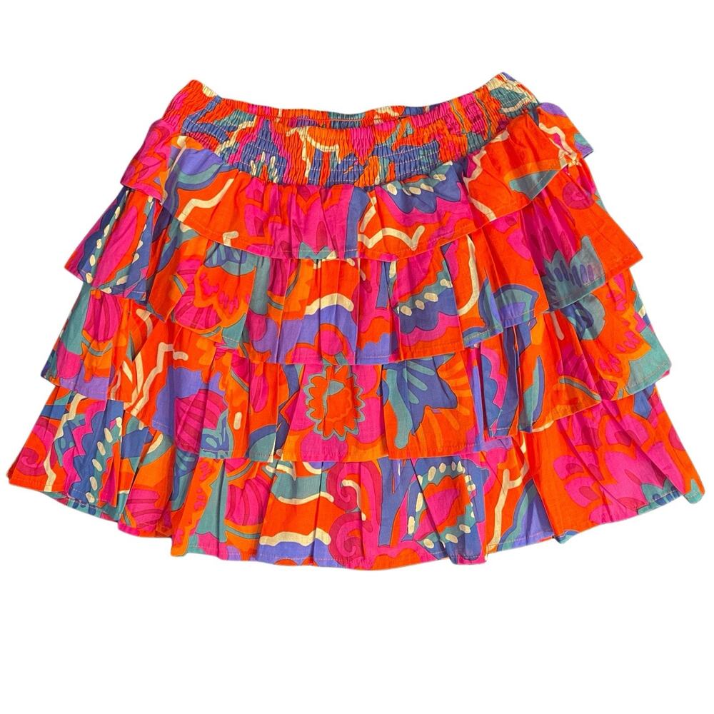 NWT SugarLips Tiered Ruffle Lined Smocked Waist Skirt Tropical Multicolor XS